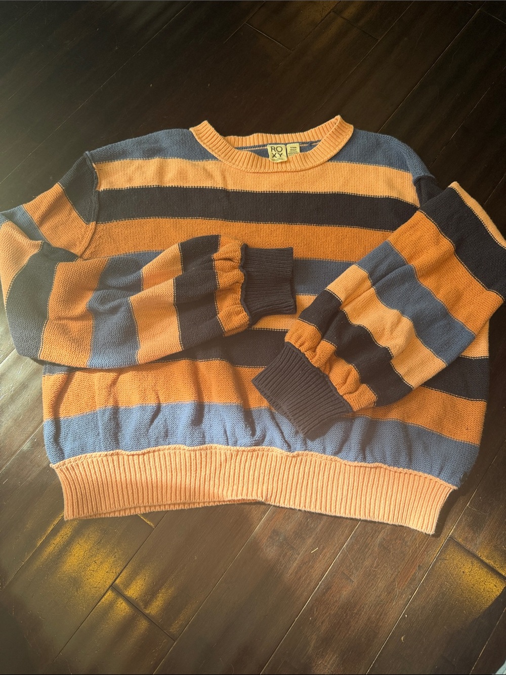 Roxy women’s Striped Crewneck Sweater in salmon, pink, Navy & Blue